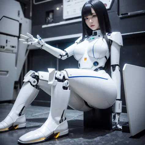 masterpiece, best quality(:1.2), extremely ultra detailed, Japanese android girl,Plump,control panels,Squat,Mechanical Hand,Robot arms and legs, black sponge joints,blunt bangs,white robot body,ceramic body,white long boots,perfect cyborg girl,charging spo...