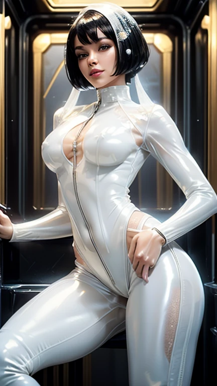 (best quality, 8k, masterpiece, ultra-detailed),super hero Woman 32 years-old,black short hair,beautiful detailed face, big eyelashes,little smile,small breasts,minimum waist,golden armlets,((((white sheer latex suit)))),gold belt,futuristic spaceship scen...