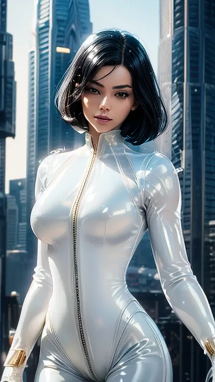 (best quality, 8k, masterpiece, ultra-detailed),super hero Woman 32 years-old,black short hair,beautiful detailed face, big eyelashes,little smile,small breasts,minimum waist,golden armlets,((((white sheer latex suit)))),gold belt,futuristic spaceship scen...