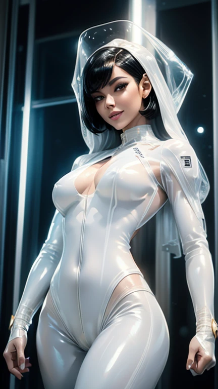 (best quality, 8k, masterpiece, ultra-detailed),super hero Woman 32 years-old,black short hair,beautiful detailed face, big eyelashes,little smile,small breasts,minimum waist,golden armlets,((((white sheer latex suit)))),gold belt,futuristic spaceship scen...