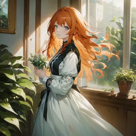 anime girl with long red hair standing in front of a window, painted in anime painter studio, guweiz on pixiv artstation, cushart krenz key art feminine, beautiful anime portrait, marin kitagawa fanart, guweiz on artstation pixiv, maiden with copper hair, ...