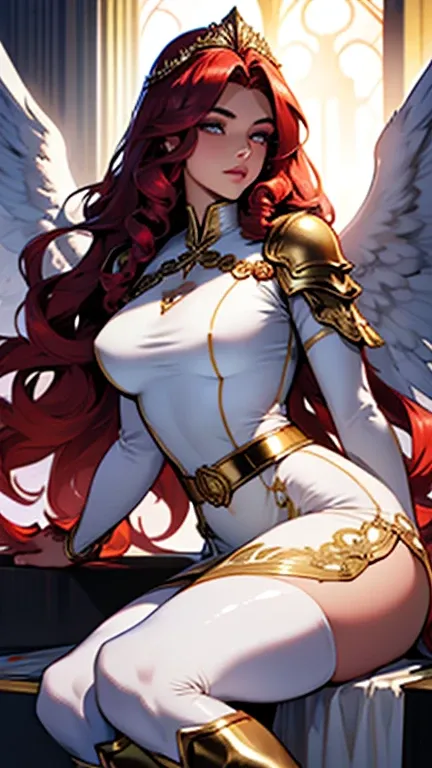 Best quality, 8K,woman vintage super hero, beautiful and detailed face, red curly long hair,gold tiara, big eyelashes,big angel´s wings,LOOKING TO observer,silver metalic armour over bodystocking, SHINY GLOSSY PANTYHOSE,armlets,black belt,over the knee boo...