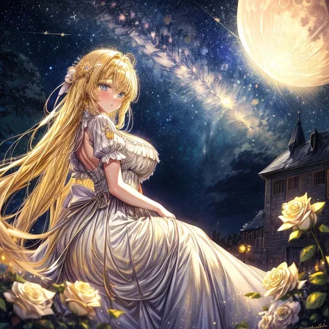 Masterpieces, high quality, anime, 2D, moon, female, yellow golden hair, blue eyes, white dress, sweet face, the most pretty girl, starry night sky with big full moon background, field of roses