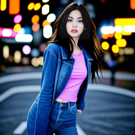 A woman wearing a pink shirt and blue jacket stands in the middle of the road., Hero poses with city lights, photoRealistic art style, background artwork, digital art picture, Realistic art style, digital painting style, ในรูปแบบของdigital illustration, ph...