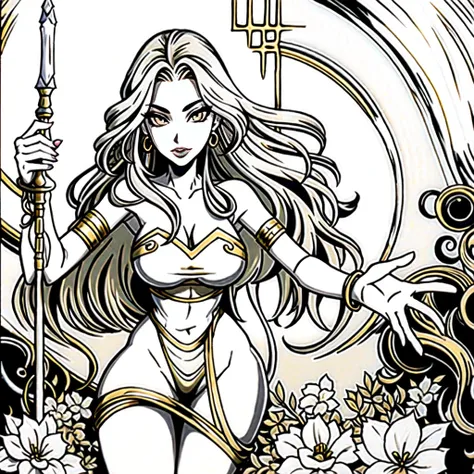 ((masterpiece), best quality, high quality, professional quality, highly detailed, highres, perfect lighting, natural lighting), Craft an amazing, ultra-detailed illustration, Mystical enchantress with flowing hair and a magical staff, Baroness, Average He...