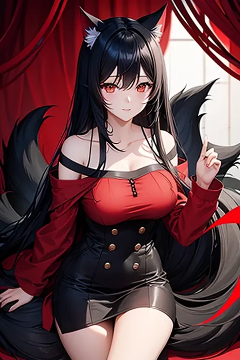 ahri,black hair,red cloth,black cloth