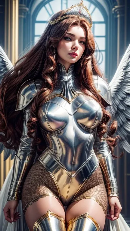 Best quality, 8K,woman vintage super hero, beautiful and detailed face, red curly long hair,gold tiara, big eyelashes,big angel´s wings,LOOKING TO observer,silver metalic armour over bodystocking, SHINY GLOSSY PANTYHOSE,armlets,black belt,over the knee boo...