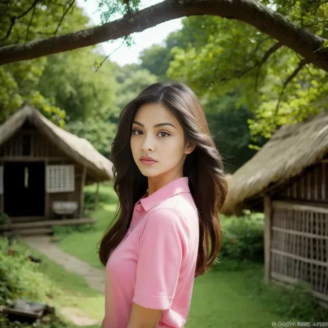 a woman wearing a pink shirt stands in front of a hut., beautiful south korean woman, beautiful young korean woman, gorgeous you...