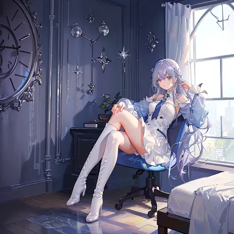 Modern light blue dress,Knee-high boots,Knee-high socks,,Adult women,Silver Hair,Wavy Hair,Long Hair,Light purple eyes,room,window