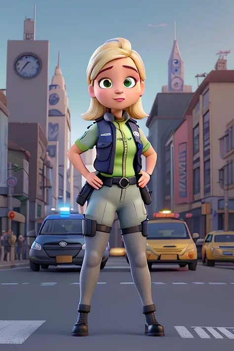 Uma onça vestida de TRAFFIC COP, com colete TRAFFIC COP, estilo pixar, 3d, garota, TRAFFIC COP, near the traffic light, , fofinho, colete militar, tactical vest, masculino, traffic police, , pequeno, rosto rosado, blusa azul escuro, blond hair 