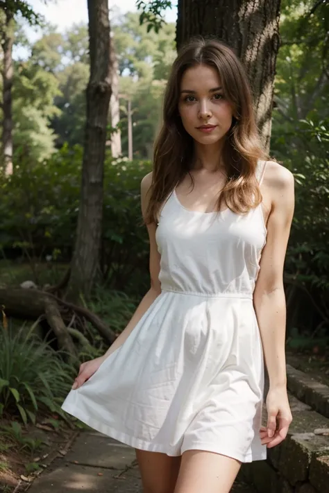 blonde girl, 35 years old at full height, in a white dress in nature