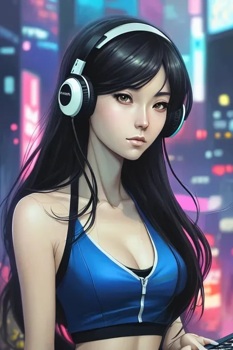 ((digital drawing)), ((4k)), ((Comic Babes)), a close-up of a person with headphones playing a DJ, background art, realism art style, guweiz style artwork, Artgerm portrait, digital fantasy portrait, photorealistic art style, realistic art style, Epic port...