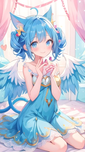 cute lady, happy, smile,,thin,,,tall,,,room,glitter,heart,blue drill hair,wings,ears,tail,magic ,sit