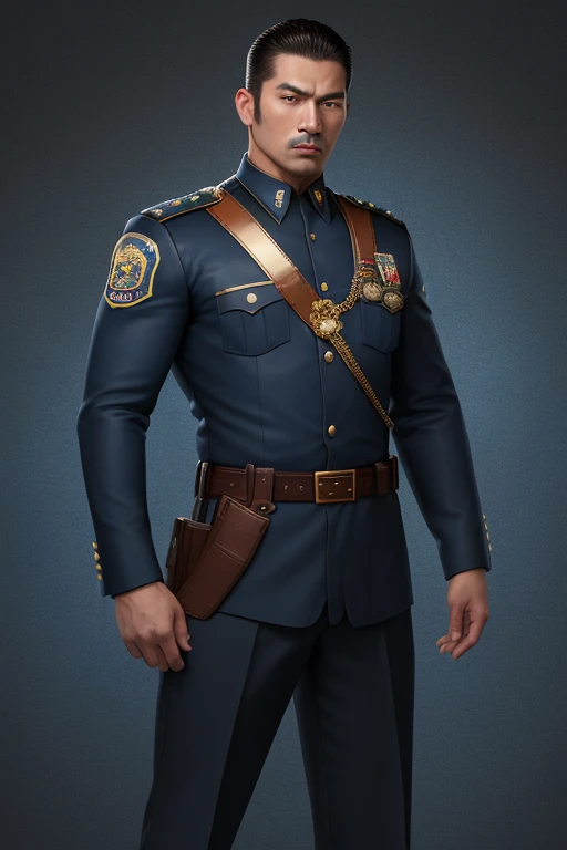 30 year old man latin appearance asian russian muscular build dark blue police uniform gold badge gun belt brown leather belt gun holder dark blue heel new orleans background 