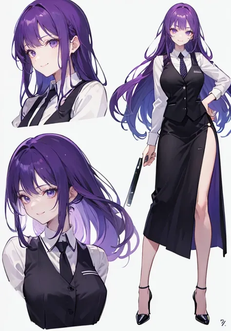 ((Perfect Face)),Purple Hair,voluminous long hair,1 female,bartender,suit,Black vest,A shirt with rolled up sleeves,tie,Long skirt,slit,High heels,,((Simple Background)),smile,((whole body)),((whole body)),Portraiture,virtual,upright,,both arms are down,St...