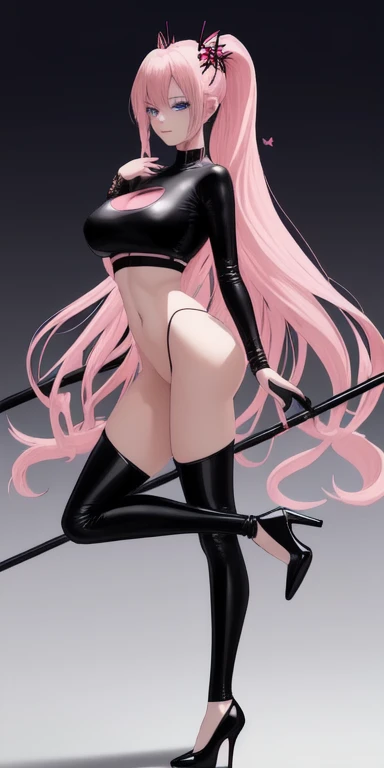 Beautiful woman，1个Giant Breast Girl，pink haired woman，Fighting posture，black pantyhoses，black glove，Sports bra，jewely，shorter pants，J thighs。Pink hair，drill bit，Asymmetrical hair，Wear gold and silver(work of art), (masterpiece), (best quality), a, (blue ey...