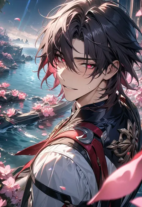 absurdres, highres, ultra detailed, HDR, master piece, best quality, extremely detailed face and eyes, Blade, dark navy hair, expressive crimson eyes, Honkai Star Rail, 1man, extremely handsome, water, pink petals, pink butterflies, pink flowers