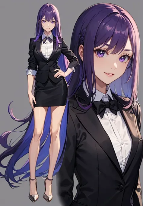 ((Perfect Face)),Purple Hair,voluminous long hair,1 female,bartender,suit,Black vest,A shirt with rolled up sleeves,tie,slit,High heels,,((Simple Background)),smile,((whole body)),((whole body)),Portraiture,virtual,upright,,both arms are down,Standing upri...