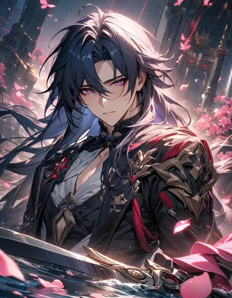 absurdres, highres, ultra detailed, HDR, master piece, best quality, extremely detailed face and eyes, Blade, dark-blue long hair, expressive crimson eyes, Honkai Star Rail, 1man, extremely handsome, water, pink petals, pink butterflies, pink flowers