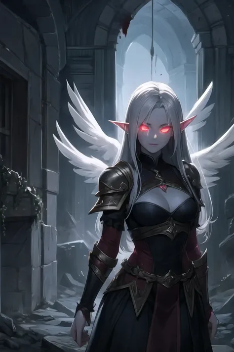 Grey skin, blood soaked, elf, rare, cursed maiden, Angelic armor, beautiful woman, long silver hair, red glowing eyes, grey skin, black attire, palace ruins,