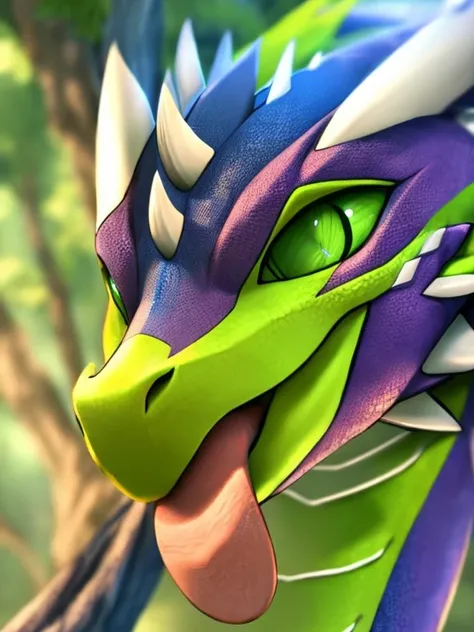 dragon sticking out her tongue, completely bright green eyes without irises or pupils looking straight ahead