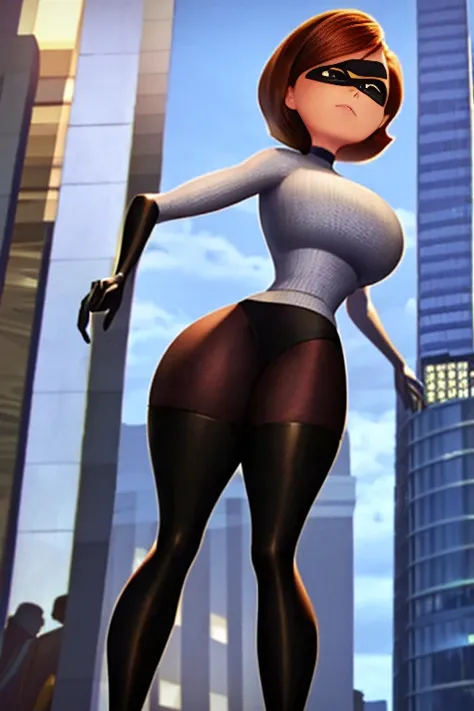 HelenParr, Brown hair, short hair, brown eyes, silver suit, hotpants, mask, gloves, 1girl, huge breasts, breasts, thick thighs, wide hips, brown hair, smile, pantyhose, black pantyhose, black thighhighs, thighhighs, hourglass figure, mature female, city