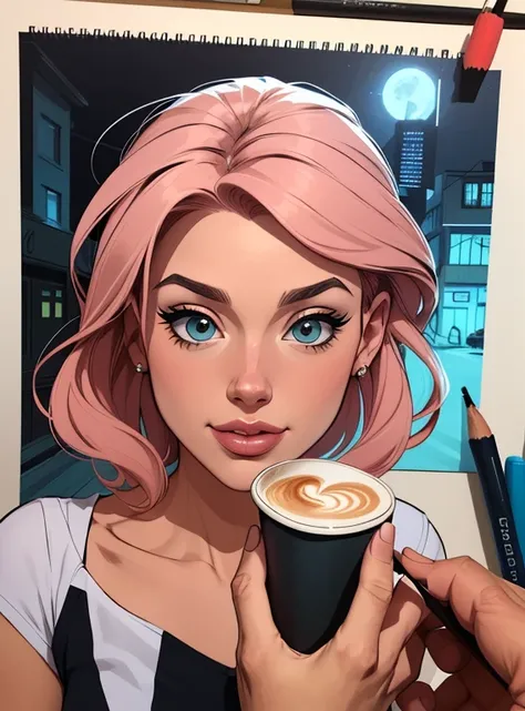 (estilo de desenho animado:1.2), Imagem de desenho animado de uma mulher com grande cabelo rosa, cups and coffee, garota funky super fofa, Ilustra??o estilo desenho animado, estilo de arte dos desenhos animados, estilo de arte dos desenhos animados, digita...