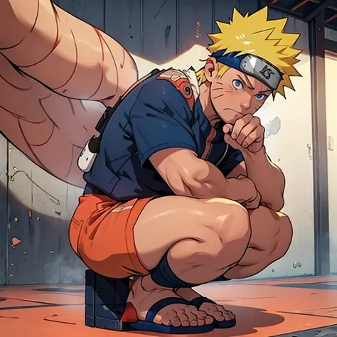 nsfw, 1man, naked, young, adolescent, blond blue eyes, naruto uzumaki, muscles, big dick, squatting, ass, camera since under, lo...