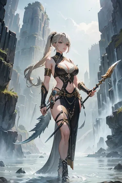 beautiful greyish blond amazon woman with a relaxed fishtail hairstyle holding a spear, standing tall