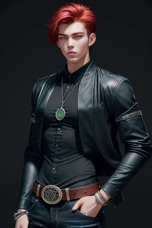 20-year-old man handsome athletic build muscular slim black shirt open jacket dark blue black jeans black leather belt with silver buckle tree shape arrow medallion black bead bracelet background of New Orleans at night red hair with white green eyes 