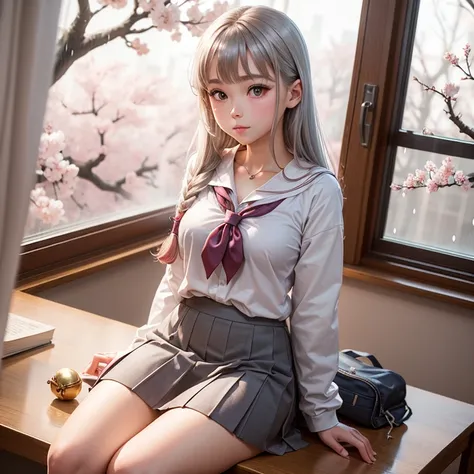 A sexy school wear a silver bell on neck, sitting on a table, looking at the window, sakura trees , rainy