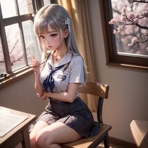 A sexy school wear a silver bell on neck, sitting on a table, looking at the window, sakura trees , rainy