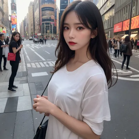 woman, (Realistic), (Hyperrealism), (photoRealistic), Depth of written boundary, eye make up:0.5, (Upper Body:1.2), (Tight waist:0.7), Watching the audience, Casual clothing, On the city streets, alone,new york