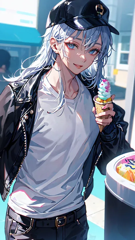 Handsome young woman wearing a leather jacket, wearing a cap, with silver hair, holding ice cream, silver messy hair, handsome, (8k, RAW photo, photorealistic:1.25) ,( lipgloss, eyelashes, man, gloss-face, glossy skin, dark skin, dark snik, male, best qual...