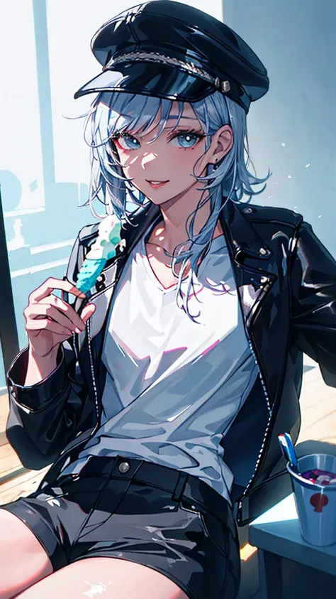 Handsome young woman wearing a leather jacket, wearing a cap, with silver hair, holding ice cream, silver messy hair, handsome, (8k, RAW photo, photorealistic:1.25) ,( lipgloss, eyelashes, man, gloss-face, glossy skin, dark skin, dark snik, male, best qual...