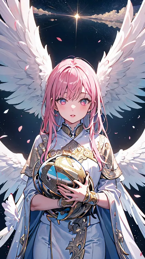 ((original photo)), ((masterpiece)), Anthropomorphic humanoid angel girl in white noble robe, Intricate details, football, Complex Greebles Works, The sky behind, Pink, beautiful wings, Detailed eyes and lips