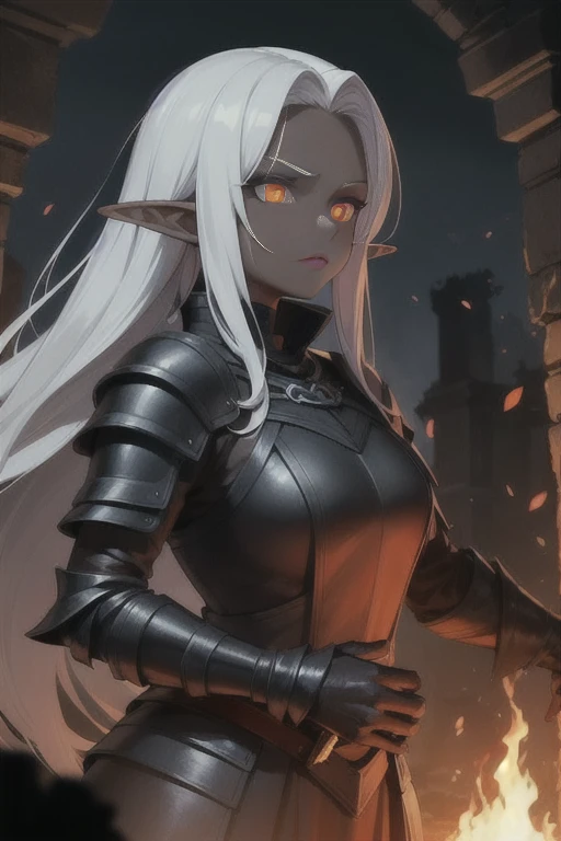 Dark skin, blood soaked, elf, rare, cursed maiden, cursed armor, beautiful woman, long silver hair, red glowing eyes, grey skin, black attire, palace ruins,