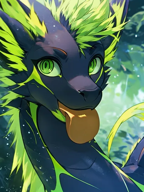 female black dragon sticking out her tongue, completely bright green eyes without irises or pupils looking straight ahead