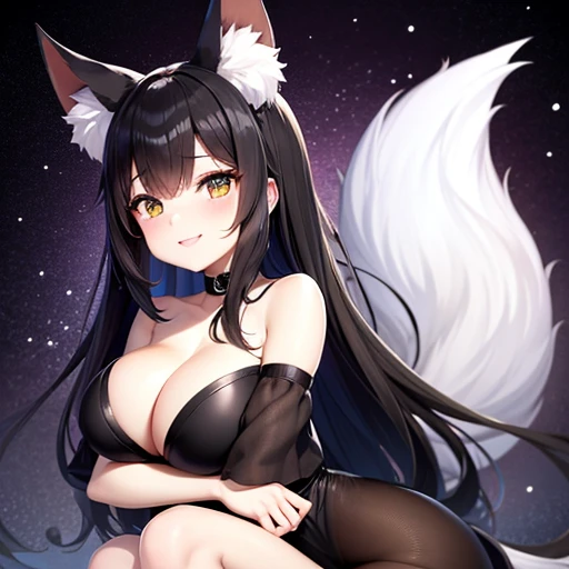 Only adult girl,anime fox girl,animal ears,fox ears,black hair,middle hair,medium hair,mushroom hair style,aquamarine green eyes,smile,large breast,beatifull breast, ,smiley mouth,black dress,middle dress,fox tail,long tail,fluffy tail, thigs,black legs,cr...