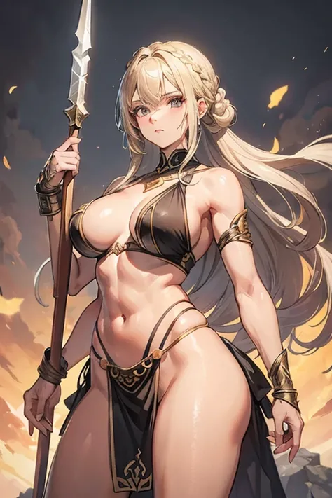 Beautiful amazon woman with a greyish blond thick plait hairstyle holding a spear, toned body, angular face, standing tall