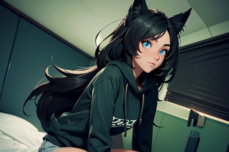 Female, black hair, dark green highlights, straight long hair, wolf ears, blue eyes, green hoodie, black jeans, bedroom