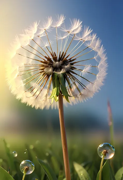 full body photo of dandelion seeds flying in the wind, dew drops, soft raytrace, intricate details, crazy details, 8k, summer at...