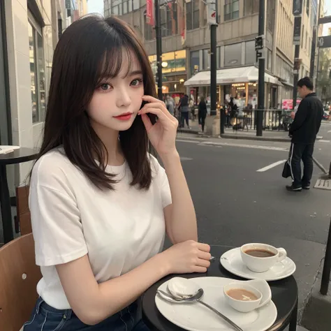 woman, (Realistic), (Hyperrealism), (photoRealistic), Depth of written boundary, eye make up:0.5, (Upper Body:1.2), (Tight waist:0.7), Watching the audience, Casual clothing, On the city streets, alone,Cafe