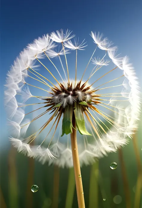 full body photo of dandelion seeds flying in the wind, dew drops, soft raytrace, intricate details, crazy details, 8k, summer at...