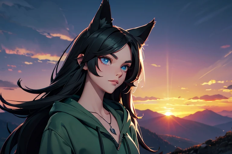 Female, black hair, dark green highlights, straight long hair, wolf ears, blue eyes, silver crescent moon necklace, green hoodie, black jeans, look of mountain, sunset