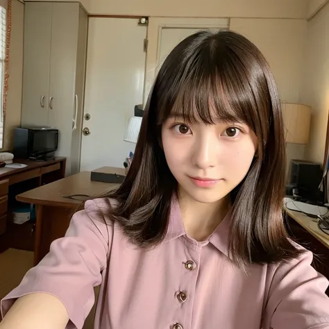 A cute 20-year-old Japanese idol-like girl wearing a blouse, Selfie, My Room, long hair with bangs