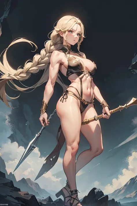 Beautiful amazon woman with a greyish blond thick plait braid hairstyle holding a spear, toned body, triangular face, standing tall