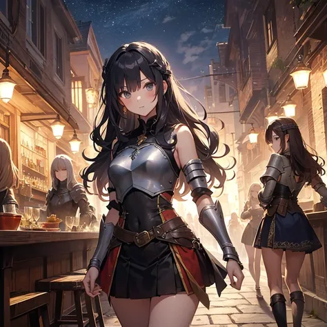 A group of  female medieval fantasy adventurers, (in tavern), various hair styles, harem, night, details face, short skirt, seducing, sleeveless, armor 