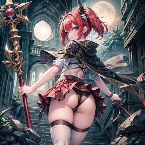 masterpiece,best quality, wizzard, short hair, red hair, ((twin tail)), red eyes, cloak, red_ornamentedium_tits)), exposed belly, 1girl, legs exposed, strikes, Perfect face, short skirt, knee socks,add_detail:1, add_detail:0, add_detail:0.5, moody light，an...