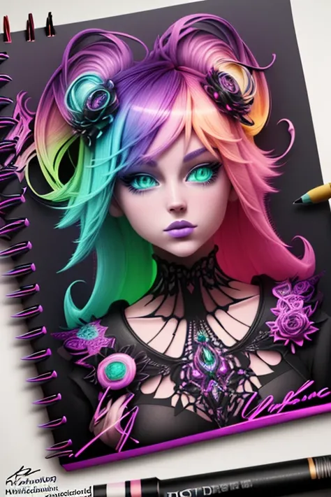 A captivating 3D render of a notebook page featuring the artists signature "1-DigitalCreations" in a dazzling array of phosphorescent colors. The modern and stylish lettering embodies the artists unique creativity and flair. Vibrant hues such as rosy pink,...